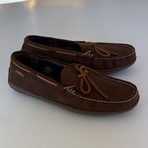L.L. Bean Mens Handsewn Leather Slippers in Acorn Flannel Lined Slip On Size 10